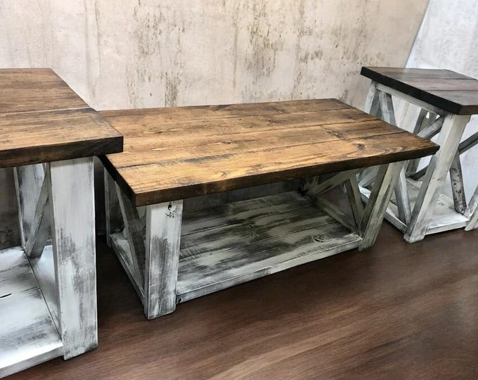 Farmhouse Living Room Set - Rustic Distressed White - Dark Walnut Tops - Wooden Coffee table and End Tables