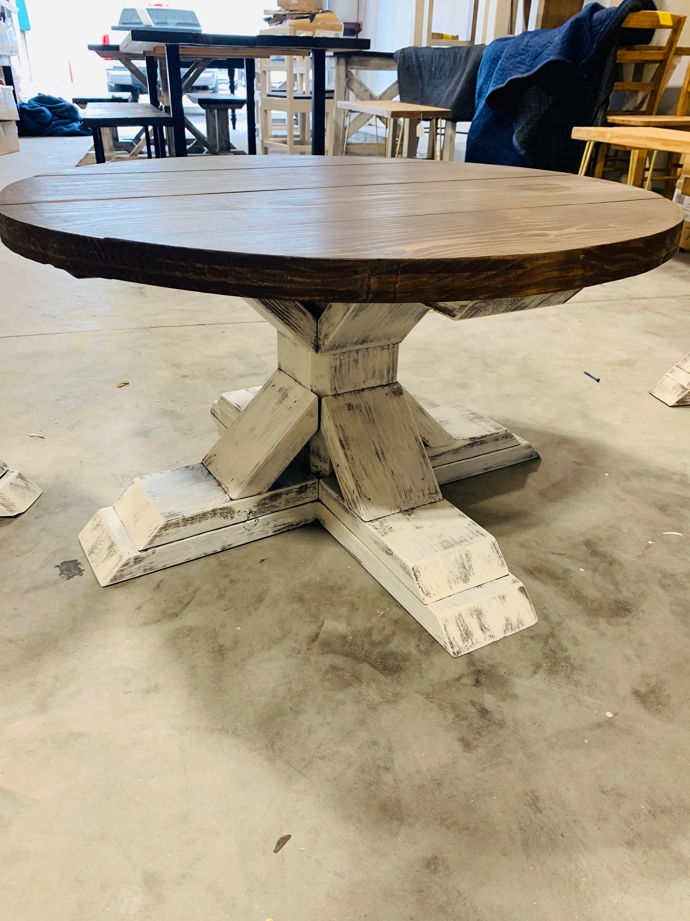 Round Farmhouse Rustic Coffee Table and End Table With Pedestal Base
