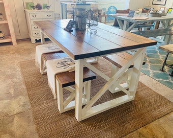 Rustic Small Farmhouse Table With Benches with Provincial Brown Top and Weathered White Base and Cross Brace Design