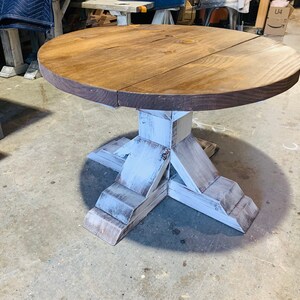 Round Farmhouse Rustic Coffee Table With Pedestal Base, Distressed White Base With Light Walnut Top Living Room Furniture image 2