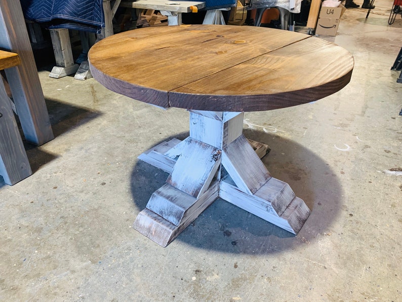 Round Farmhouse Rustic Coffee Table With Pedestal Base, Distressed White Base With Light Walnut Top Living Room Furniture image 2