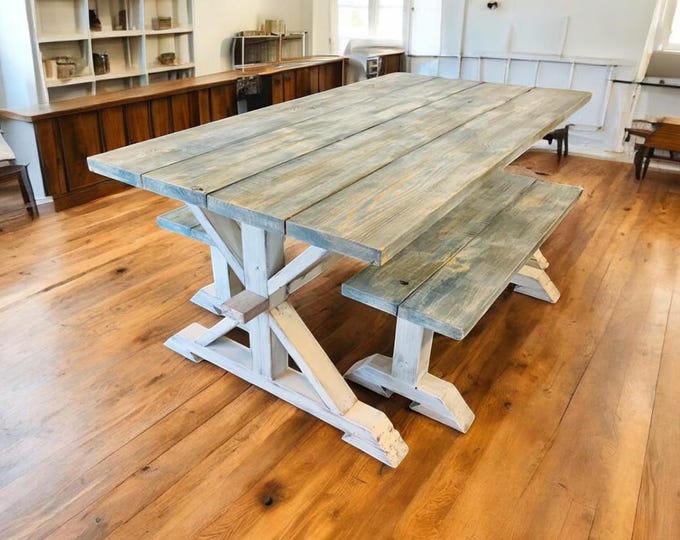 6ft Trestle Table Set - Wooden Dining Table - Navy White Wash, Distressed White - Kitchen Table and Benches - Coastal Style