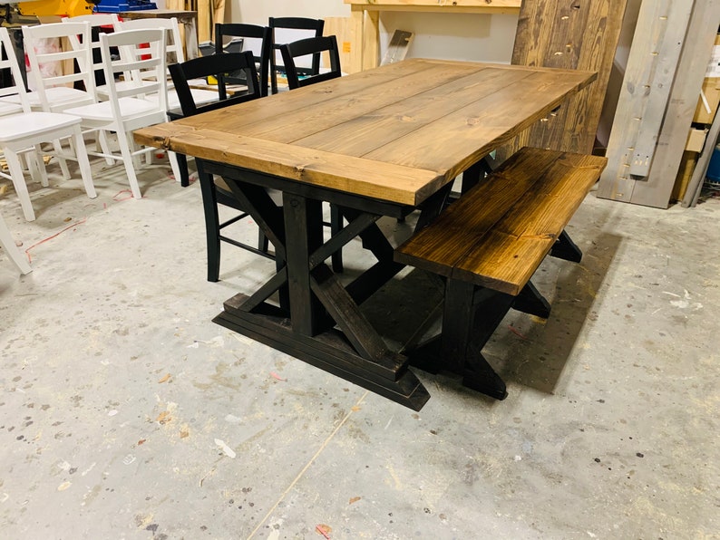 Rustic 6ft Long Pedestal Farmhouse Table Bench and Chairs Etsy
