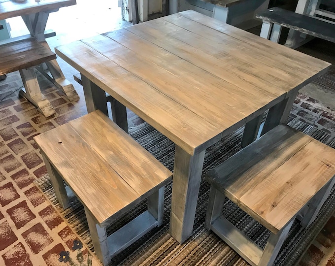 Square Farmhouse Table, Rustic Farmhouse Table, Dining Set with Stools, Table with Small Benches, White Wash With Glossy Top