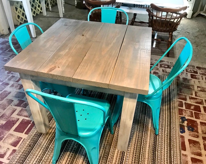 Square Farmhouse Table, Rustic Farmhouse Table, Dining Set with Aqua Metal Chairs, Table with Small Benches, Gray Top White Distressed Base