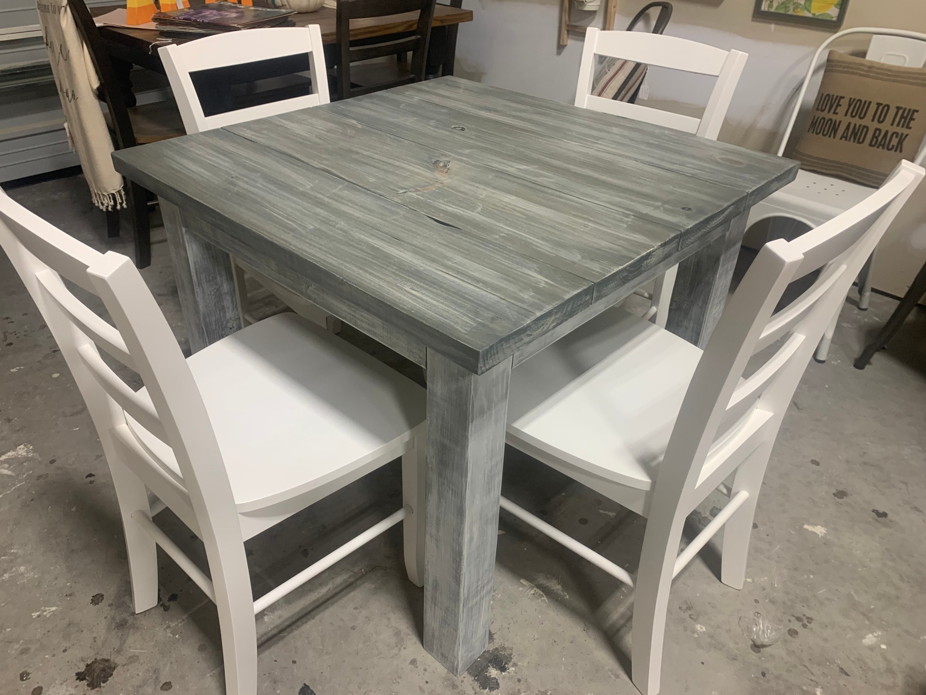 Square Farmhouse Table Set Chairs with Distressed White Base