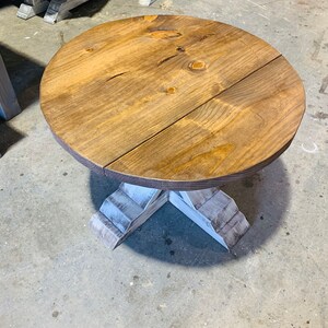 Round Farmhouse Rustic Coffee Table With Pedestal Base, Distressed White Base With Light Walnut Top Living Room Furniture image 7