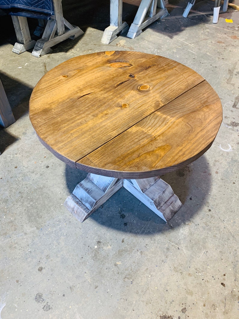 Round Farmhouse Rustic Coffee Table With Pedestal Base, Distressed White Base With Light Walnut Top Living Room Furniture image 7