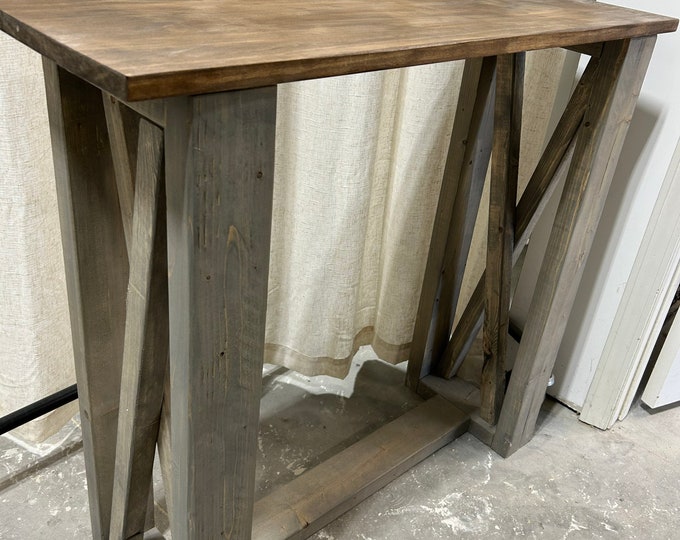 Rustic Farmhouse Entryway X Style Legs, Classic Gray with Provincial Brown Top , Wooden Sofa Console Table