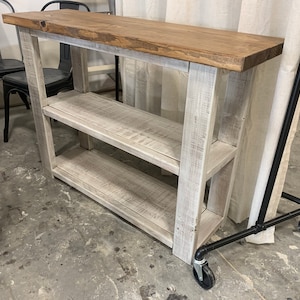 Farmhouse Narrow Bookcase, Console or Entryway Table with Early American Brown Top and Distressed White Base, Wooden Shelving Unit
