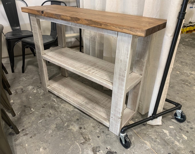 Farmhouse Narrow Bookcase, Console or Entryway Table with Early American Brown Top and Distressed White Base, Wooden Shelving Unit