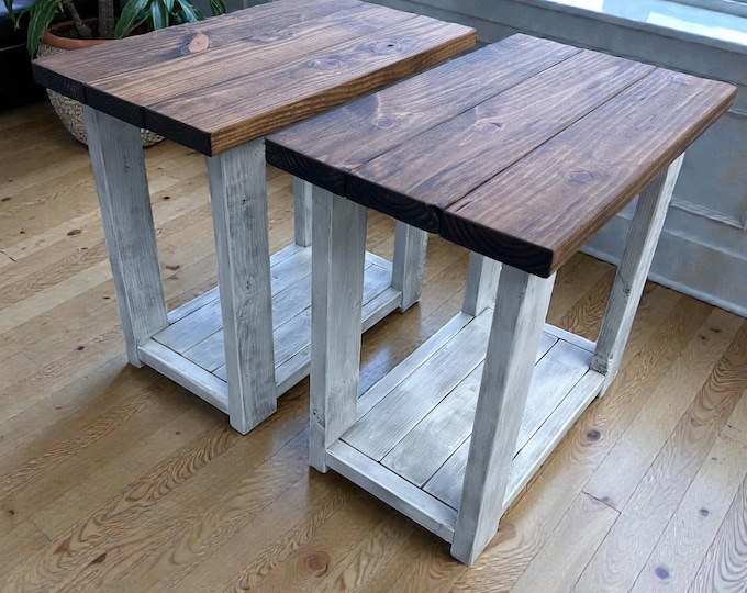 Rustic Farmhouse End Table Set, Rectangle Wooden Bedside Stand, Distressed Provincial Livingroom Accent