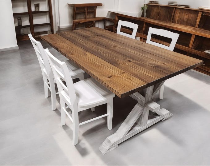 6ft Table Set - Trestle Style Base - With Chairs - Dining or Kitchen Table - Provincial Brown - Antique White - Rustic Farmhouse Style