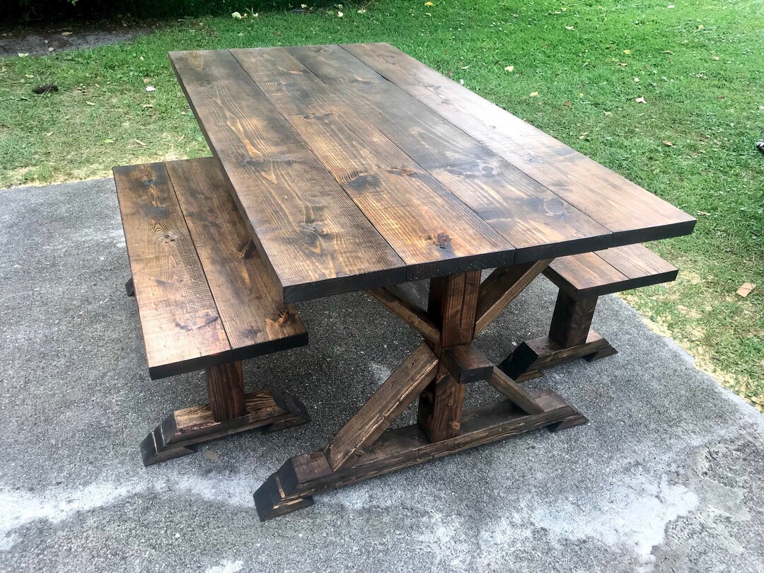 Rustic Pedestal Farmhouse Table With Benches Dark Walnut Brown With