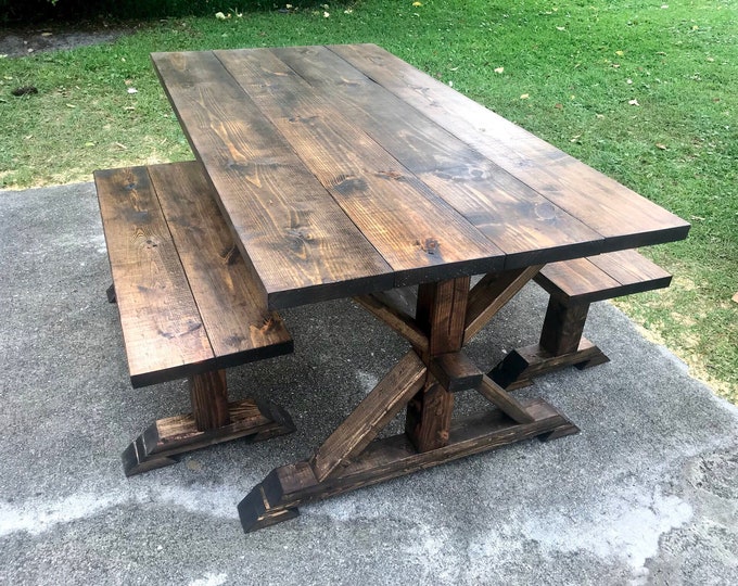 Rustic Pedestal Farmhouse Table With Benches Dark Walnut Brown with Dining Set Walnut Table Set