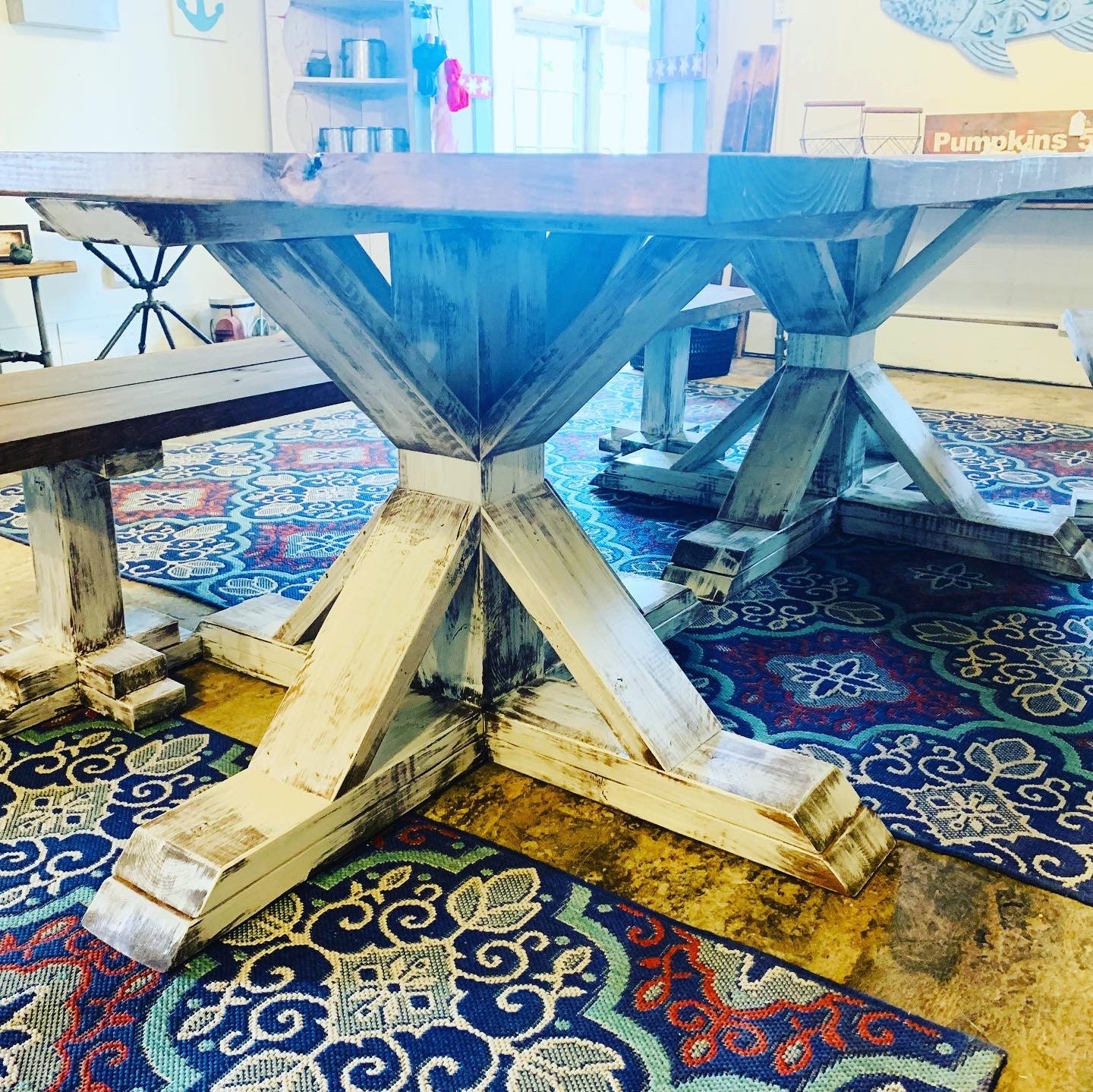 Mesa rústica de la granja con patas y bancos de doble | Etsy