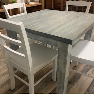 Square Farmhouse Table Set: Gray White Wash, Distressed White Base