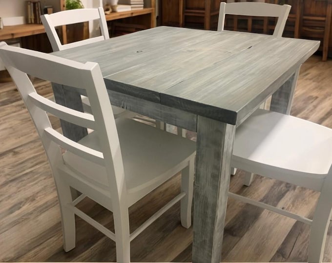 Square Farmhouse Table Set with Chairs - Gray White Wash, Distressed White Base - Breakfast Nook Table - Small Dining Table