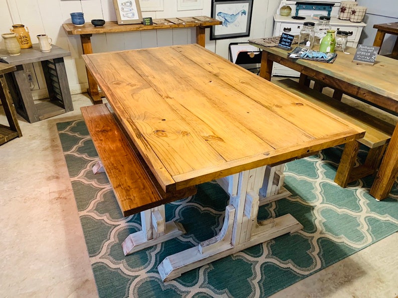 Early American Top Trestle Style Rustic Farmhouse Table Set with Two Benches Distressed White Base Wooden Dining Set with Trim
