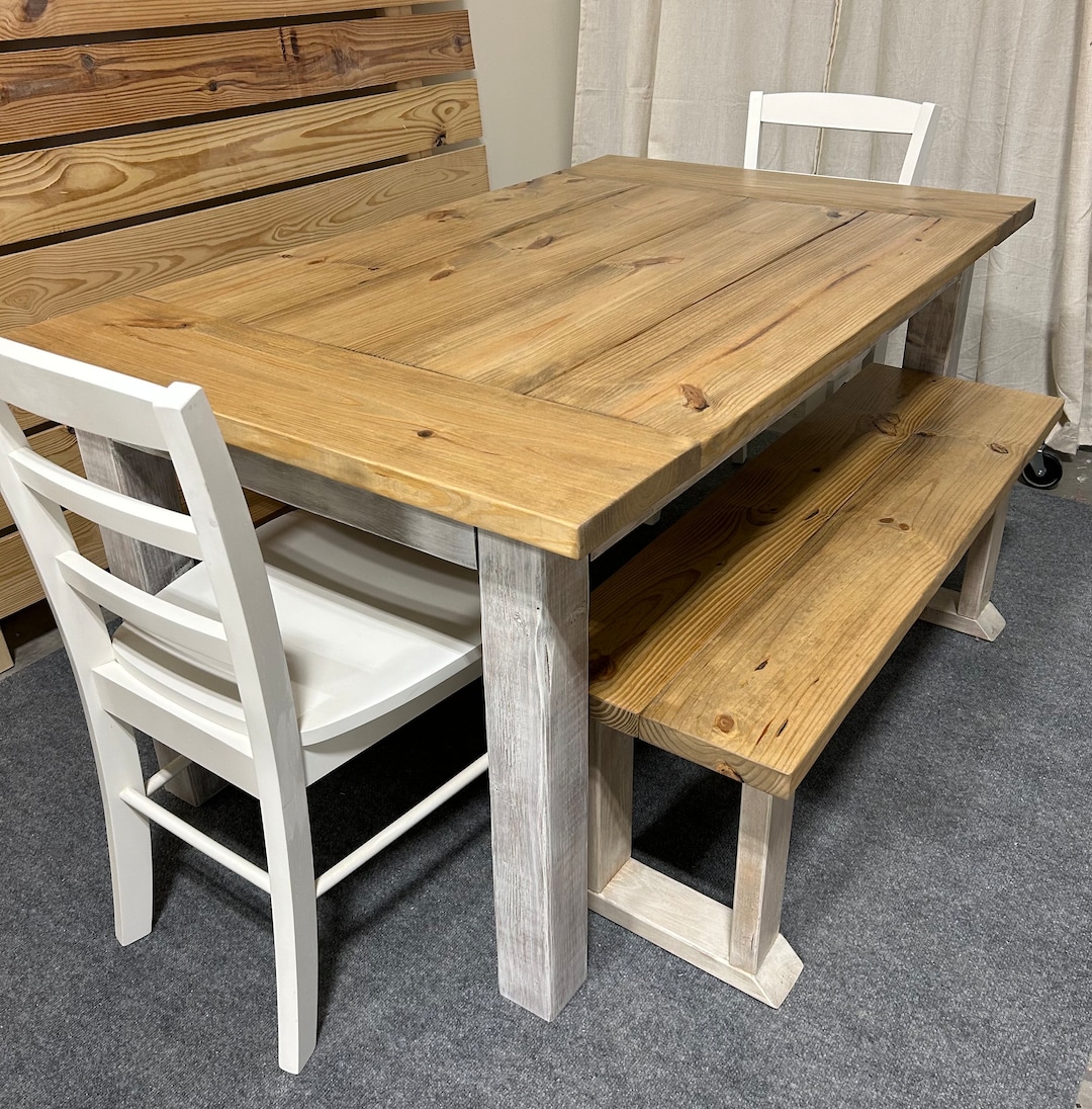Farmhouse Dining Table With Benches and Chairs, Special Walnut, Dark Distressed Antique White