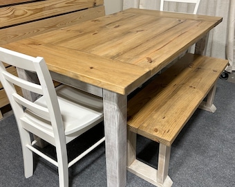 Farmhouse Dining Table Set with Benches, Special Walnut, Distressed Antique White