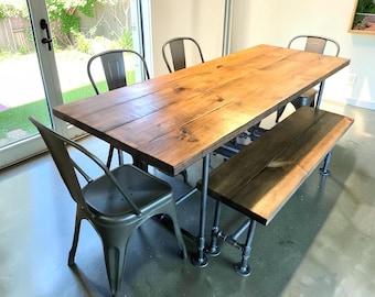 Industrial Dining Table Set With Bench Chairs Pipe Base Wood Farmhouse Kitchen Table