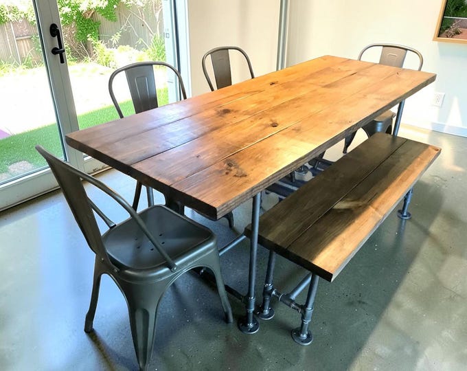 Industrial Dining Table Set With Bench Chairs Pipe Base Wood Farmhouse Kitchen Table