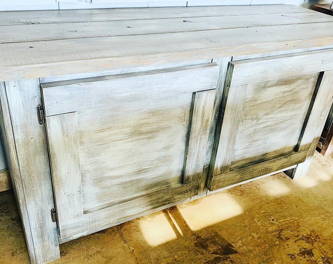 Rustic Farmhouse Buffet Distressed White Base and White Wash Top, Wooden Cabinet with Doors, Server, Entertainment Stand with Storage