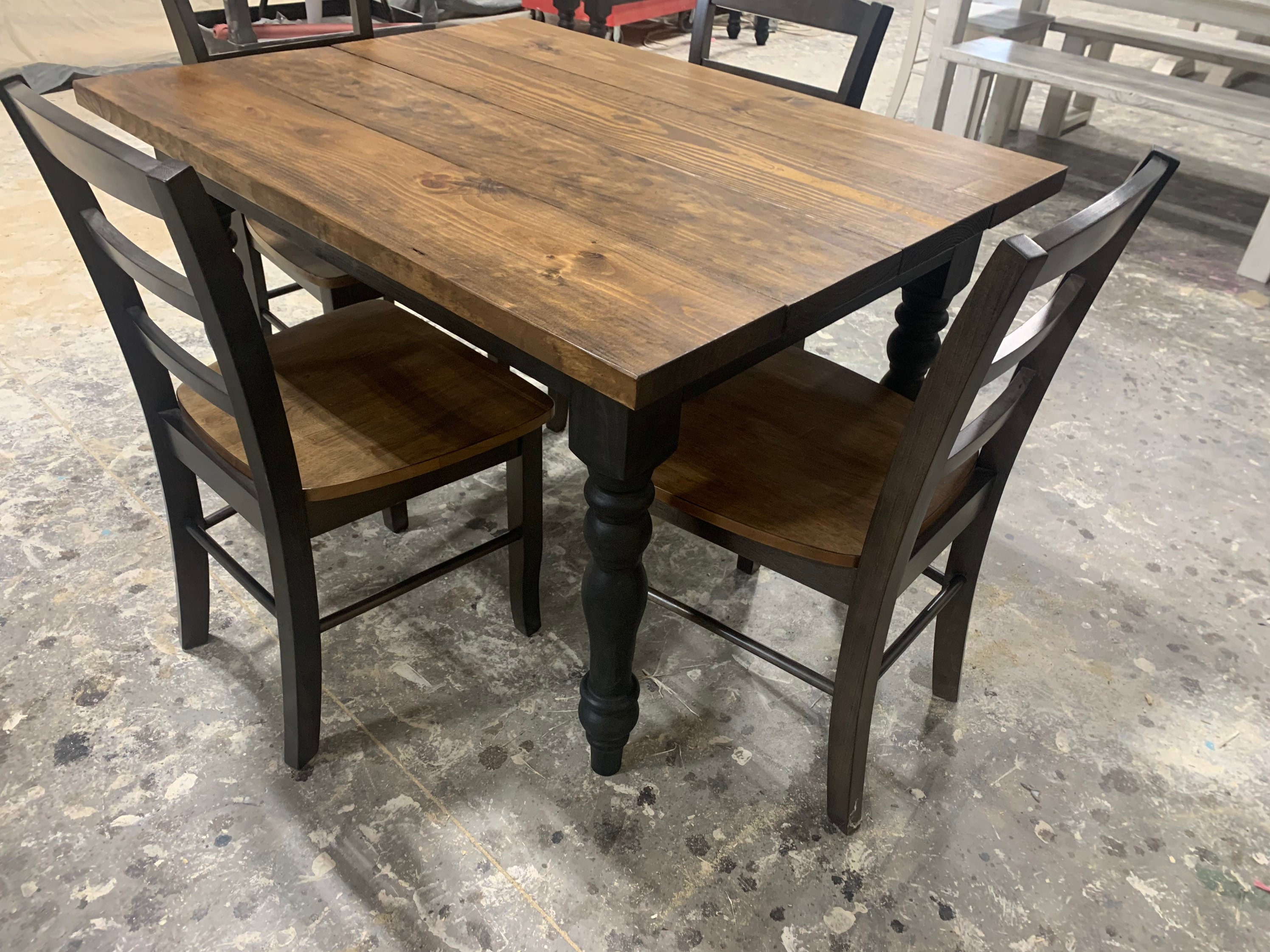 Small Rustic Turned Leg Farmhouse Table Set, Chairs with Black Base and Provincial Brown Top