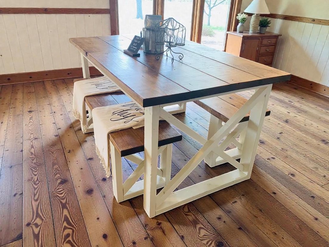 Farmhouse Dining Table Set With Benches Rustic Pine Cottage Kitchen ...