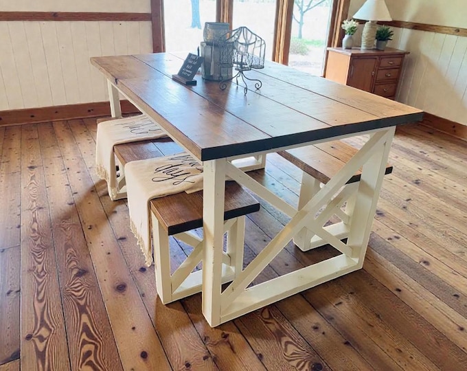 Farmhouse Dining Table Set With Benches Rustic Pine Cottage Kitchen Furniture Handcrafted Small Spaces