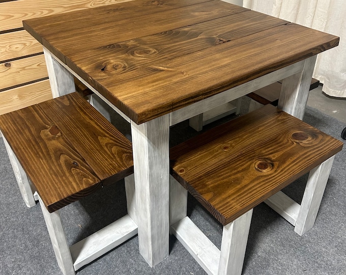 Rustic Farmhouse Square Dining Set with Benches - Small Dining Set - Distressed White Legs and Provincial Brown Top