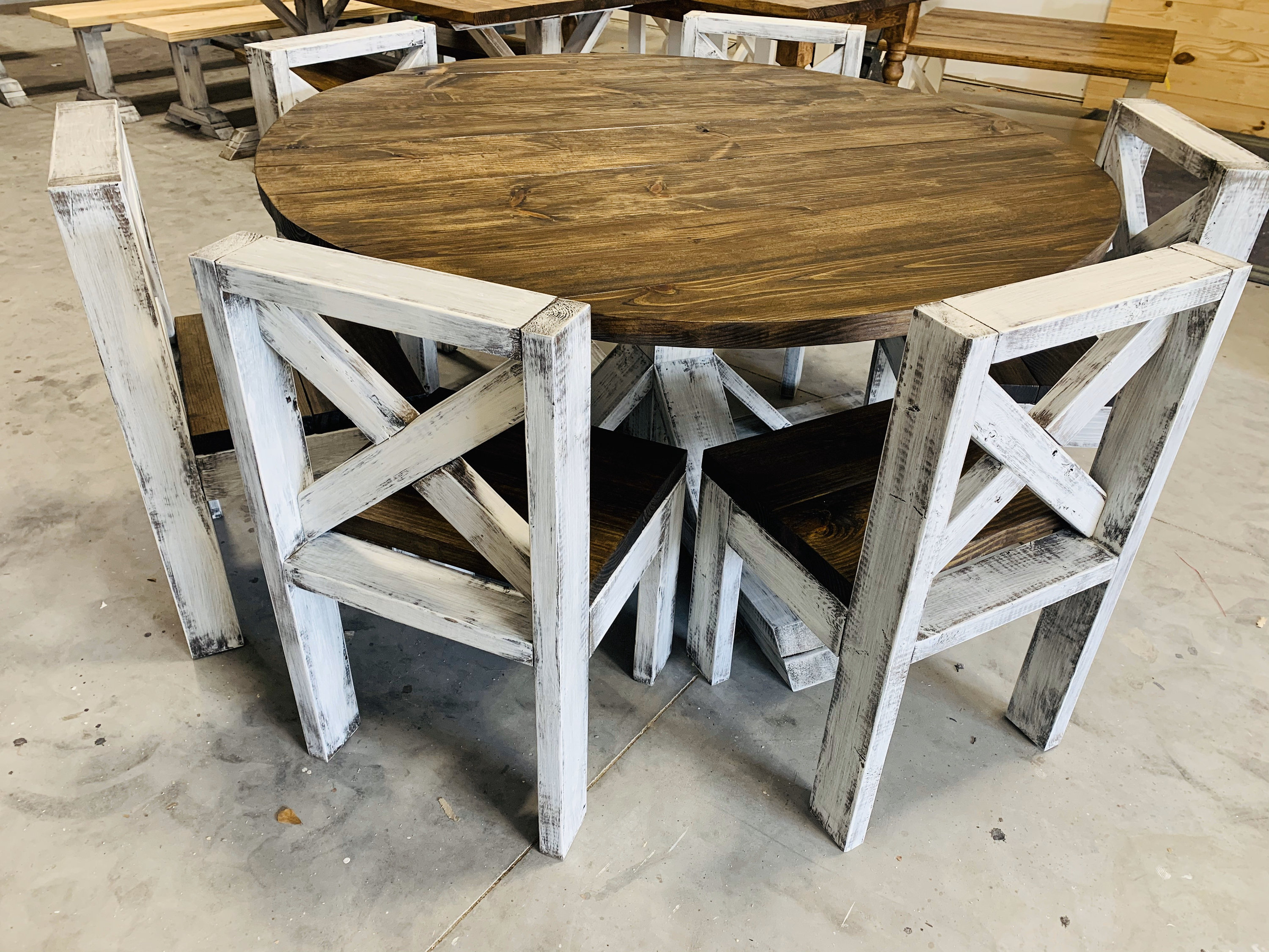 5ft Round Rustic Farmhouse Table with chairs, Single Pedestal Style Base, Dark Walnut Top with 