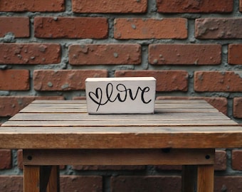 Rustic Love Wooden Block Sign, Farmhouse Shelf Decor, Minimal Black & White Wood Decor