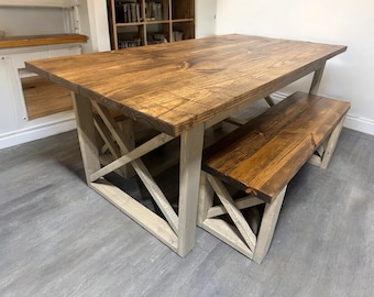 Farmhouse Dining Table Set: Provincial Brown, Classic Gray, X Design