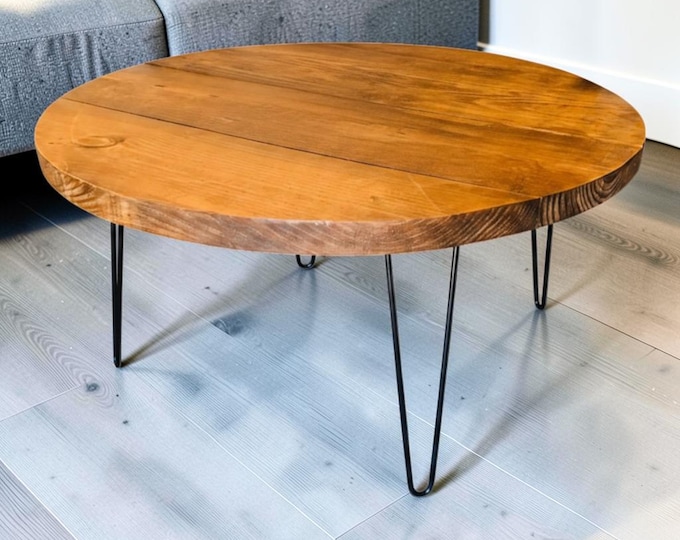 Round Coffee Table Wood Hairpin Legs Rustic Farmhouse Pine Living Room Handmade Metal Design