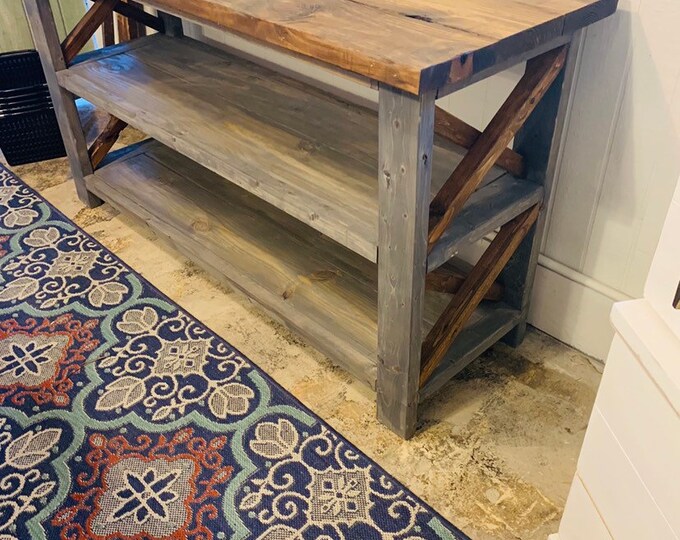 Rustic Wooden Buffet Table, Rustic Console Table, Farmhouse Buffet Table, Gray Base with Provincial Brown Top