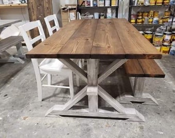 Rustic Pedestal Farmhouse Table With White Chairs and a Bench Provincial Brown with White Distressed Base Dining Set