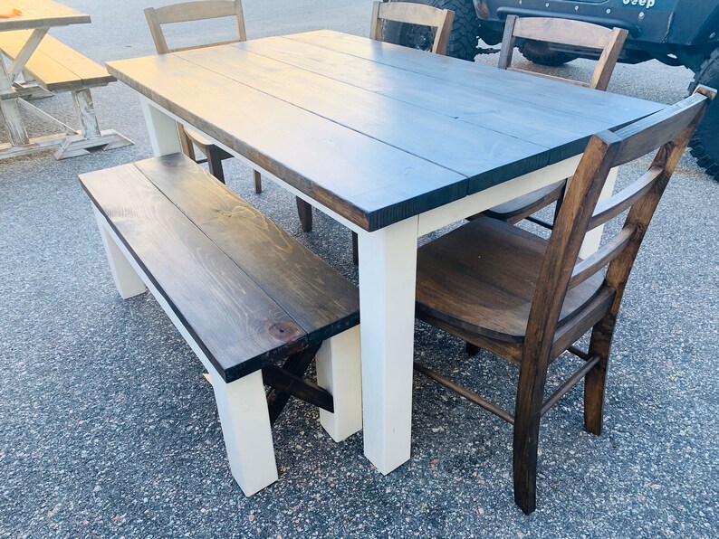 Modern Farmhouse Table Set With Chairs and Bench Dark Walnut Etsy