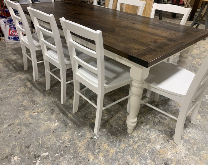 Modern Farmhouse Table, With Chairs, Dark Walnut Stained Top, Antique White Base, Dining, and Kitchen Table, Turned Legs