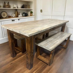 Narrow 6ft Dining Table Set - Rustic Farmhouse Style - With Benches - Provincial Brown with Gray Whitewash Top - Wooden Kitchen Table