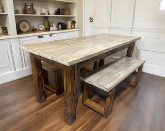 Narrow Farmhouse Dining Table Set: Provincial Brown, Gray Whitewash Top
