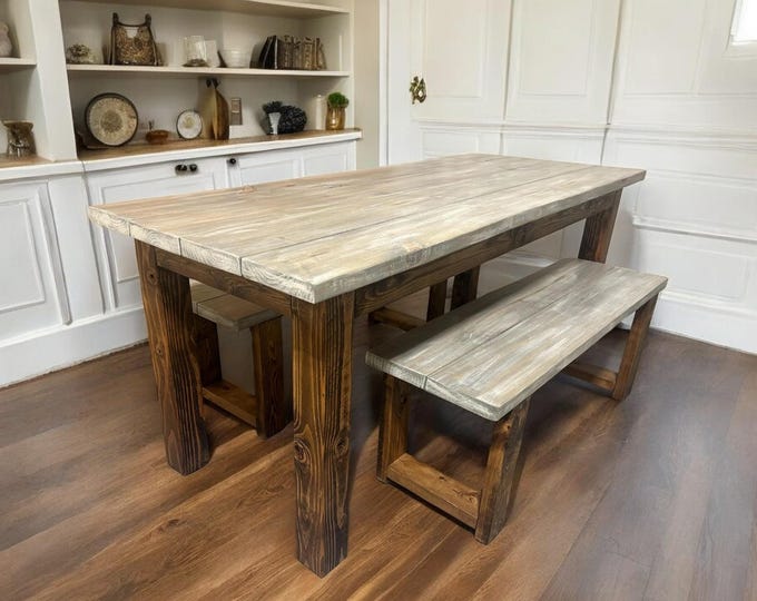 Narrow 6ft Dining Table Set - Rustic Farmhouse Style - With Benches - Provincial Brown with Gray Whitewash Top - Wooden Kitchen Table