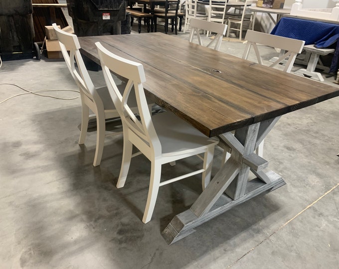 Rustic Pedestal Farmhouse Table and Chairs With White Dark Walnut Brown with White Distressed Base Dining Set In Stock