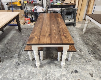 Farmhouse Table with Two Benches, White Turned Leg Base, Provincial Top, Dining, Kitchen Table Set