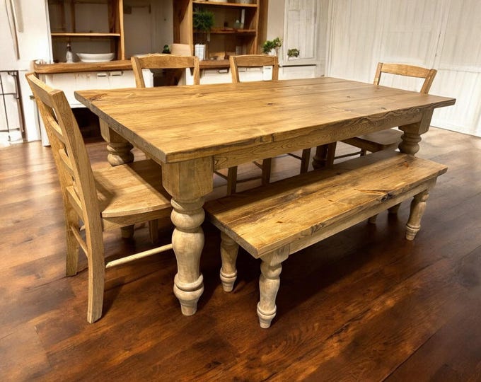 6 Foot Farmhouse Table with Benches - Early American Brown - Chunky Turned Table Legs - Wooden Dining Room, Kitchen Table