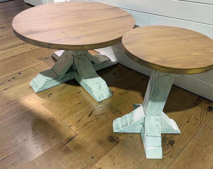 Round Farmhouse Coffee Table Set Pedestal End Rustic Solid Wood Living Room Furniture Handmade