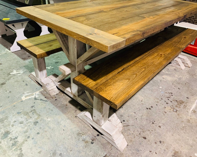 Farmhouse Table With Long Benches and Breadboards Provincial Brown with White Distressed Base Dining Set Pedestal Base