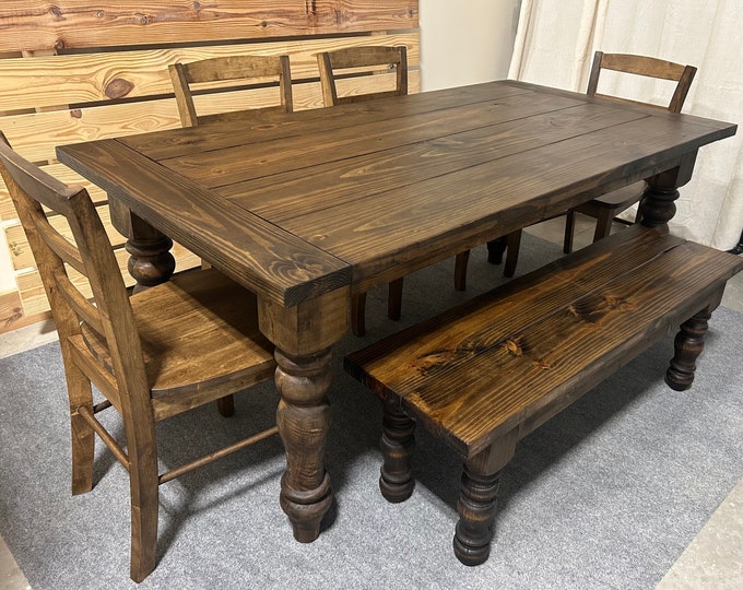 Farmhouse Table Dining Set, Chunky Turned Legs, Chairs and Bench, All Dark Walnut, Wooden Kitchen Table Set