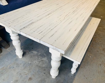 7ft Rustic Farmhouse Table and Bench with Turned Legs, White Distressed Top and  Base, Wooden Dining Table, Kitchen Table